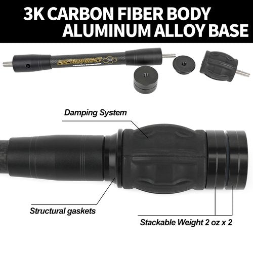 AMEYXGS Archery Bow Stabilizer for Compound Bow, 3K Carbon Fiber 6", 8", 10", 12" Rods, Damping System, Weights Kit, Single Side V-Bar Mount,Quick Disconnect (10″)