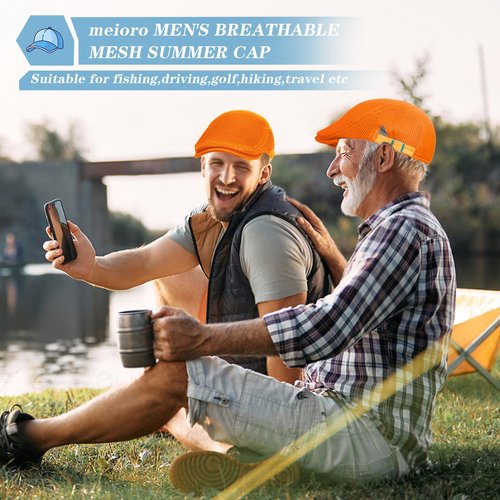 meioro Mens Breathable Mesh Summer Hat Adjustable Flat Cap Newsboy Beret Ivy Cap Irish Cabbie Fishing Hats（Orange+Red）