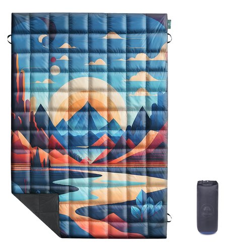 Olivialand Down Camping Blanket, Ultralight Compact Packable Throw with Snaps for Outdoor Indoor, Travel Stadium Concert Picnic Beach, Puffy 650 Fill Down Water-Resistant Quilt (Mountain Sunset)
