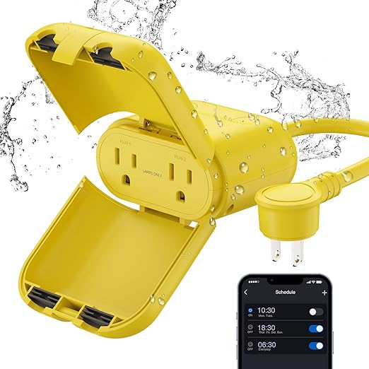 ELEGRP Outdoor Smart Dimmer Plug Waterproof IP66, Smart WiFi Plug with 2 Individually Sockets, Compatible with Alexa & Google Assistant, Outdoor Dimmer for String Lights, UL Listed, 1 Pack, Yellow