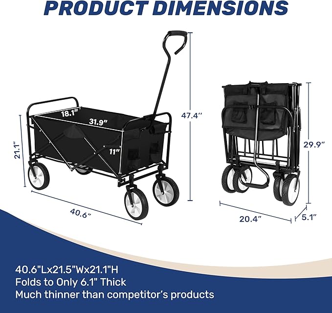 YSSOA Folding Garden Cart PRO, Collapsible Wagon with 360 Degree Swivel Wheels & Adjustable Handle, Black, 220lbs Weight Capacity