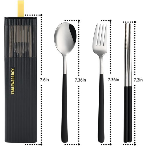 DEVICO Travel Utensils with Case, Stainless Steel Reusable Camping Silverware Set for Lunch Box, Portable Cutlery Kit Includes Fork, Spoon, Chopsticks (Black)