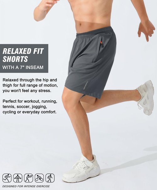 LOUECHY Men's Running Shorts Lightweight Quick Dry Workout Shorts Gym Athletic Shorts with Zipper Pockets 1738-8 Grey-XL