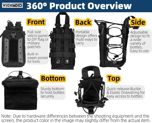 WICKTICK Molle Water Bottle Holder Pouch 16 24 32 40 64 oz - Multi-Purpose Tactical Fuel Bottle Bag, Adjustable Size for Outdoor Activities, Adapted to Backpack/Vest/Belt (Black, Enhanced)