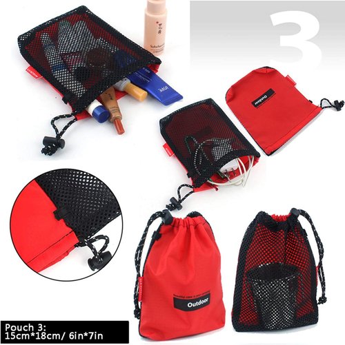 Drawstring Bags Pouch/Ditty Bag/Mesh Stuff Sack Camping Cord Bag Storage 5-in-1 Travel Use Nylon 5 Pieces (Red)