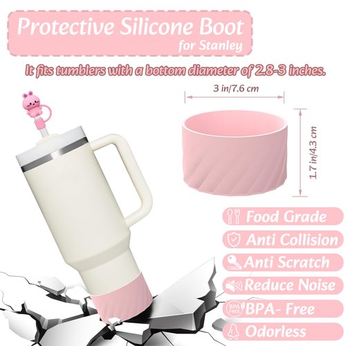 Cup Accessories Set For Stanley, Silicone Spill Stopper Set, Including 2 Cute Straw Cover Cap, 2 Square and Round Spill Stopper, 2 Cute Charms Chain (Pink A)