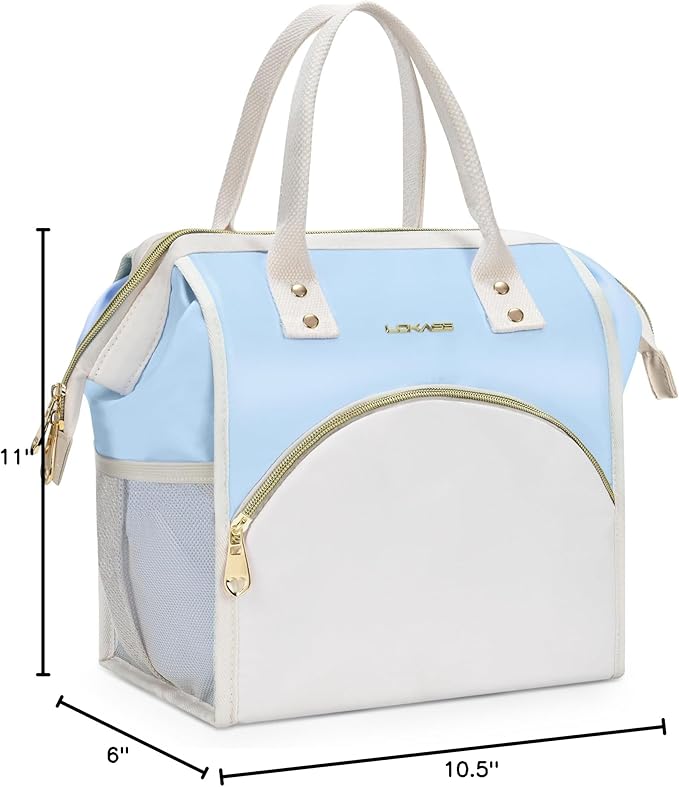 LOKASS Lunch Bag Women Insulated Lunch Box, Wide-Open Lunch Tote Bag Leak-proof Cooler Bag for Work Picnic-（Sky Blue）