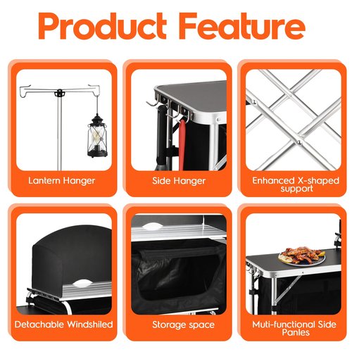 JOUYEK Cmaping KitchenTable, Aluminum Folding Camping Cook Station with Windshield, Upgrade Light Stand, Storage Bag, Quick Installation for Outdoor, Picnic, Cooking