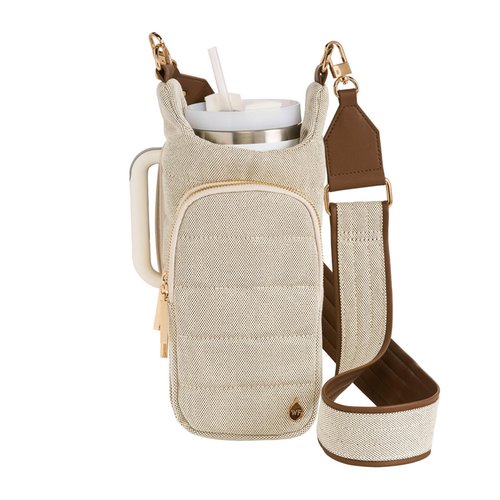 WanderFull HydroBag® HANDLE, Zipper for Handle, 40 oz Water Bottle Holder w/Strap, Crossbody Water Bottle Carrier Bag w/Phone Pocket, Tumbler Accessories - Oatmeal Canvas w/Vegan Leather Trim Strap