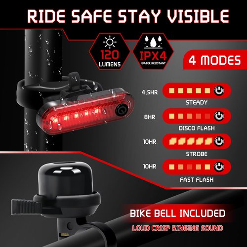 Bike Light Set & Bike Bell, LED Bike Lights,Bike Headlight with Digital Led Screen,Rechargeable Bike Light, Safety Bicycle Lights Front and Back, 6+4 Modes Bicycle Light, Bike Lights for Night Riding