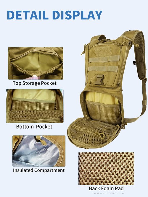 SMONT Tactical Hydration Pack Backpack Khaki - 2.5L Water Bladder Military Backpack with Molle Webbing for Gear Attachment Hands-Free Hydration for Hiking, Running, Climbing,Biking,Hunting
