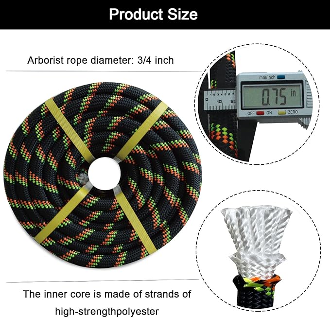Double Braided Arborist Rope - 3/4 Inch x 200 Feet Polyester High Strength Climbing Rope for Tree Work, Swing, Halyard, Sailing(Black/Green/Orange)