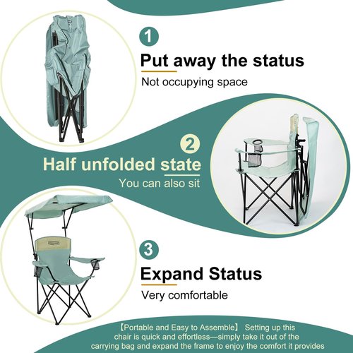 YOUNG WOOD Portable Camping Chair Beach Chair with Shade Canopy, Fold Lightweight Oversized for All, Easy to Open and Close Without Installation, Side Pocket Design for All Outdoor Activities，Blue