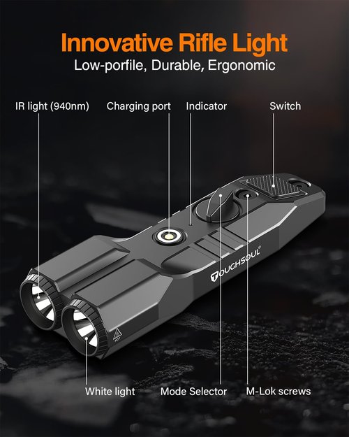 TOUGHSOUL MLOK Picatinny Mounted 1450 Lumen Flashlight 940nm IR Illuminator Infrared Flashlight Combo, Low-Profile Tactical Light with Built-in Rechargeable Battery (MLOK Mounted)