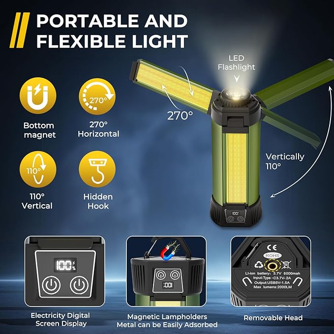 Rechargeable Camping Light with Stand, Outdoor LED Cordless Work Light, Portable Telescopic Bracket, 6AH Battery 500/1000/2000 Lumen, 3500K/4500K/6500K, Construction Lights (Large)