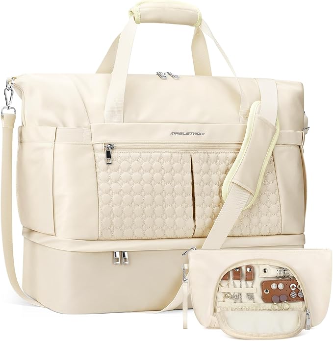 Maelstrom Gym Bag for Women,40L Travel Duffel Bag with Shoes Compartment and Wet Pocket,Waterproof Carry On Weekender Bag,Sport Gym Tote Bags Swimming Yoga, Hospital Holdalls-Beige