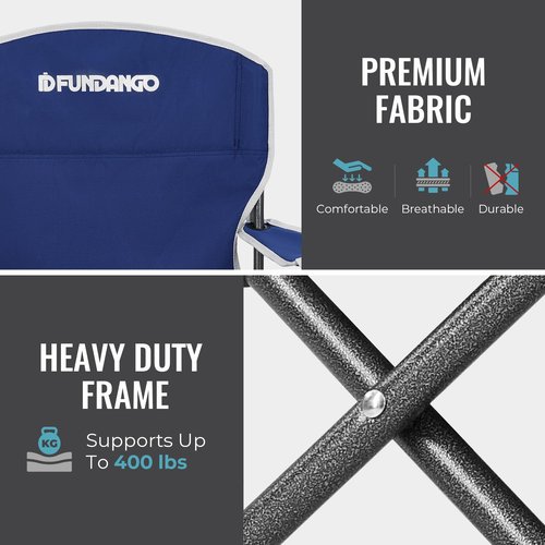 FUNDANGO Folding Camping Chair with Table, Portable Heavy Duty Outdoor Padded Chairs for Adults with Cup Holders for Lawn Beach Picnic Outside Travel (Blue)