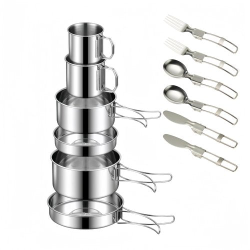 Camping Cookware Mess Kit Set 304 Stainless Steel 12-Piece Lightweight Backpacking Cooking Set Outdoor Cook Gear for Family Hiking, Picnic(Pot, Frying Pan, Bowl, Plate, Spoon, Fork)