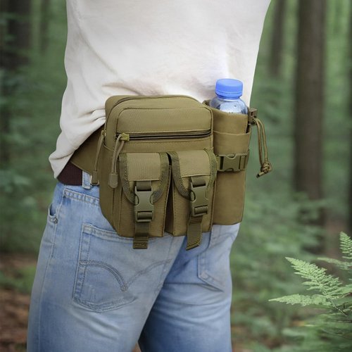 DOB SECHS Hiking Waist Bag with Detachable Water Bottle Holder and Adjustable Waist Belt Oxford Fanny Pack for Men Women Causal Belt Bag for Travel Outdoor Fishing Running Hiking Hunting,Khaki