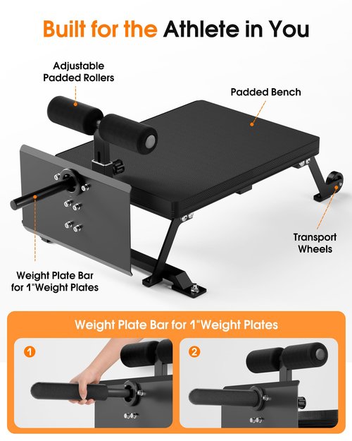 DawnMarine Nordic Curl Bench - Home Gym Hamstring Curl Machine with with 1" & 2" Olympic Weight Plates, Max Hold 450lbs, Compact Glute Machine, Easy to Move and Store with Wheels