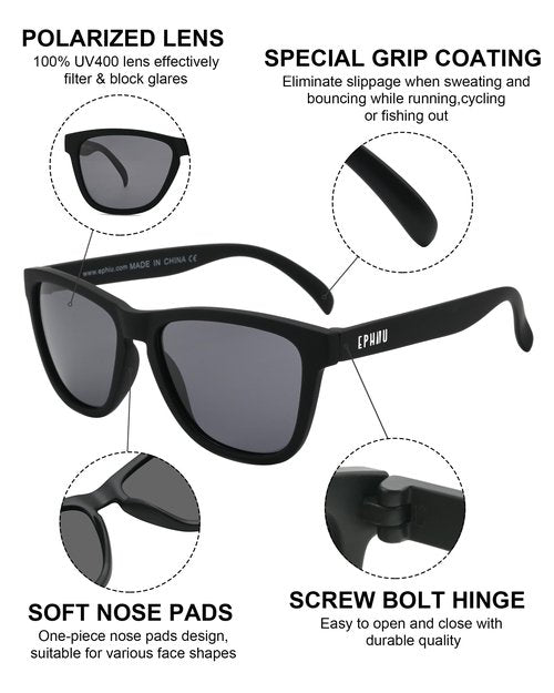 EPHIU Polarized Sports Sunglasses for Men Women Mirror Lens for Running Hiking Cycling (No Bounce No Slip,Square) TBK/GREY