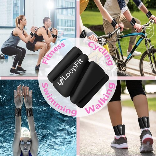 LOOPFIT Ankle & Wrist Weights Set, 2 x 1lb Black Silicone & Stainless Steel, Adjustable Modern Design, Perfect for Pilates, Yoga, Home Workouts & More