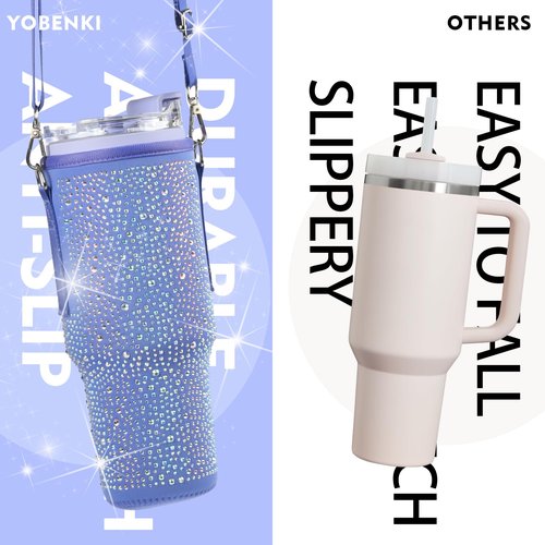 Bling Water Bottle Carrier Bag for Stanley Cup 40oz, Sparkling Diamond Water Bottle Holder with Adjustable Strap, Neoprene Water Bottle Bag Stanley Cup Accessories (Purple)