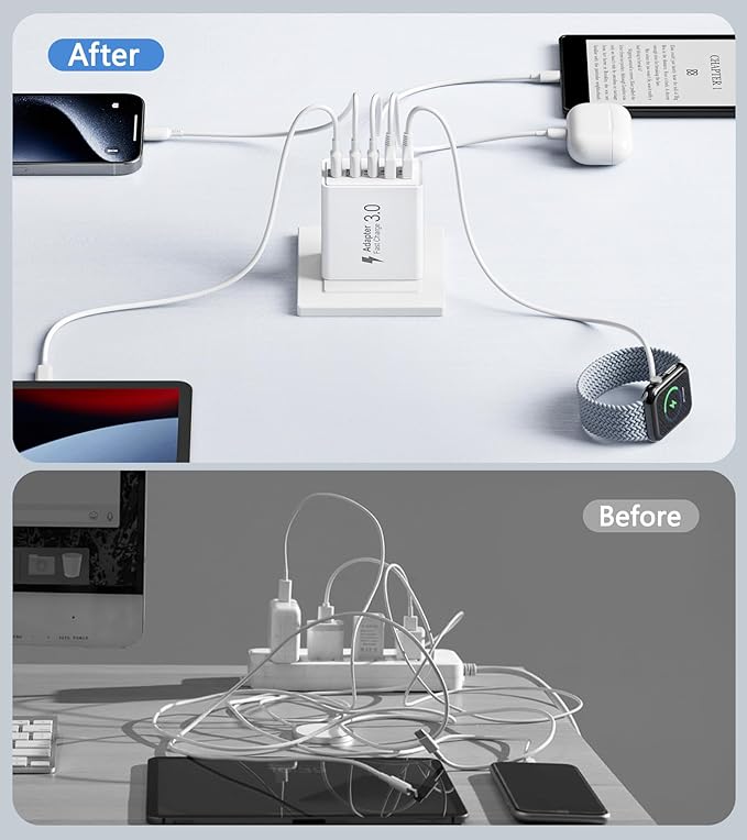 2Pack USB C Fast Charger Block,50W 5-Port USB Wall Charger Brick,2 USB A & 3 USB C PD3.0 Power Adapter Multiport Type C Charging Plug for iPhone 16/15/14/13,Pad Mini/Pro,AirPods 4,GalaxyS23(White)