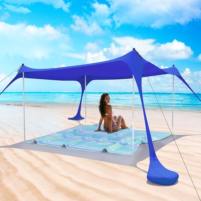 Beach Tent Pop Up Shade Canopy Sun Shelter UPF50+ with 4 Stability Poles/Carry Bag/Ground Pegs/Sand Shovel/Windproof Ropes Portable Outdoor Family Sunshade for Beach Camping(Navy Blue,10×10FT)