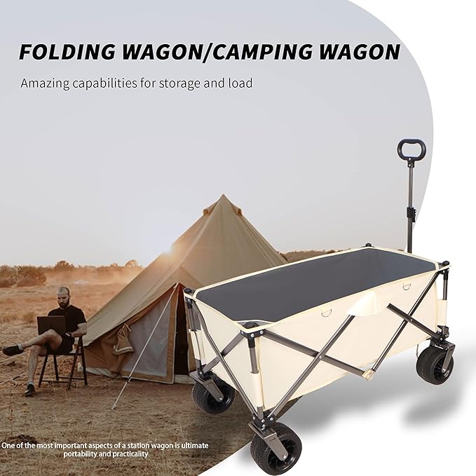 Collapsible Folding Wagon with Big Wheels,Heavy Duty Utility Beach Buggy Cart w/Adjustable Handle and Drink Holder,for Sand,Shopping,Camping,Garden,Outdoor,38",Antique White