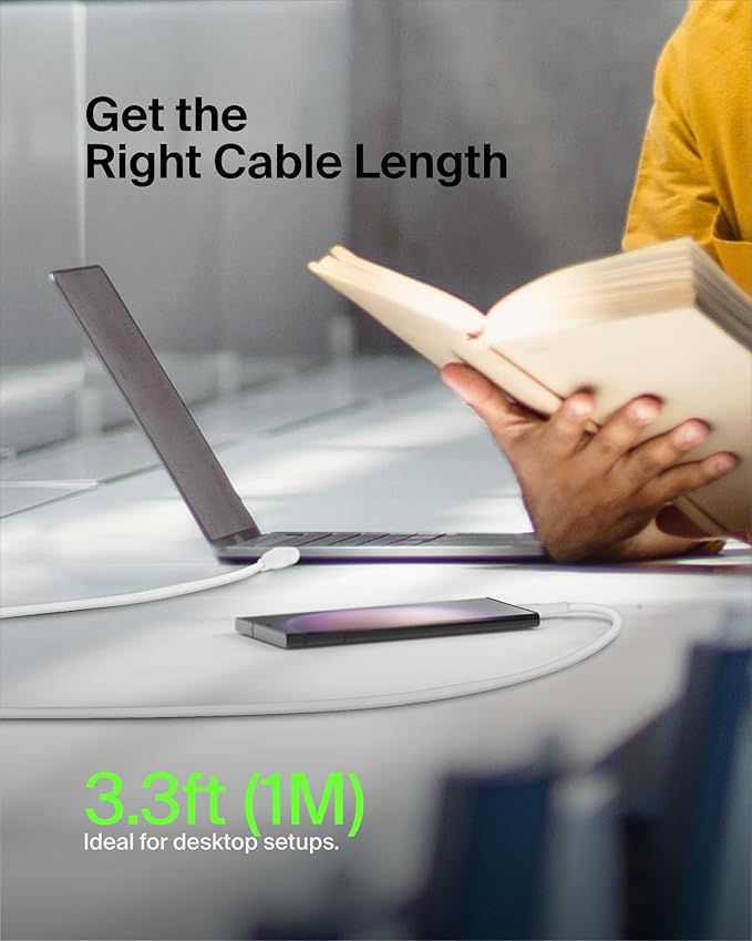 Belkin USB-C to USB-C Fast Charging Cable (1M/3.3ft) for iPhone 16, iPhone 16 Pro, iPhone 16 Pro Max, iPhone 16 Plus, Galaxy S25, S24, Note, Pixel, iPad Pro, Nintendo Switch 2, Carplay & More - White