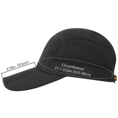BASSDASH Folding Fishing Baseball Cap UPF 50+ Water Resistant Outdoor Portable Brim Hats for Women Men Hiking Adjustable Black