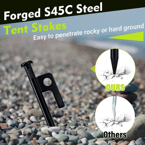 NIOSAVM Heavy Duty Tent Stakes 8-Pack - Carbon Steel Rust-Proof Camping Pegs with Protective Caps, Storm-Proof for Beach, Mountain & Tarp Anchoring