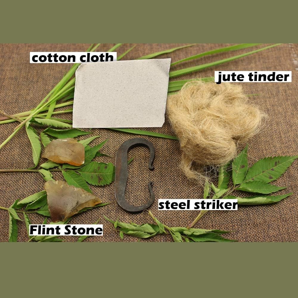 PSKOOK Flint and Steel Single High Carbon Steel Fire Striker English Flint Stone Emergency Jute Tinder Bushcraft