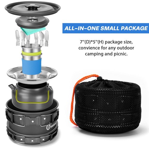 Odoland Bundle - 2 Items 15pcs Camping Cookware Mess Kit Non-Stick Lightweight Pot Pan Kettle Set and 5000W Portable Camping Stove