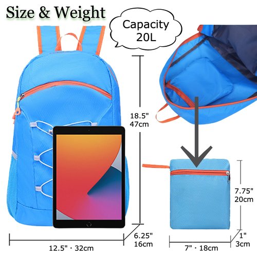 ＴｗｏＫａｔ TWO KAT Lightweight Packable Hiking Backpack 20L Bottle Holder, Water Resistant Daypack, Foldable Bags Travel Camping Outdoor (Blue)