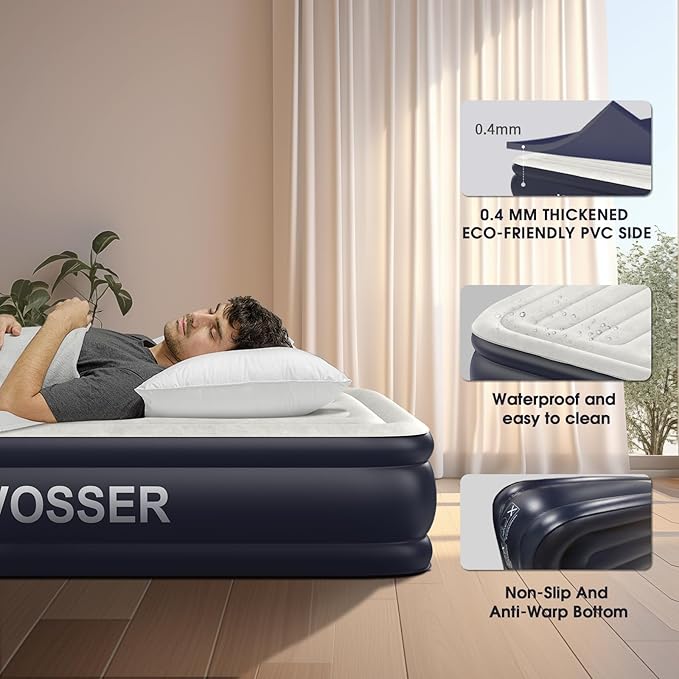 Twin Air Mattress with Built in Pump Raised,18''Inflatable Mattress of Upgraded Vertical Beams,Self Inflatable Blow Up Mattress in 3 Mins,Flocked Top Airbed with Carry Bag for Home,Camping
