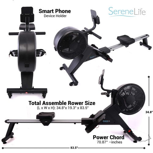 SereneLife Exercise Folding Rowing Machines Magnetic - 16Level Magnetic & Air Resistance Rowing Machine, Foldable Travel Portable Rower Fitness Machine with Bluetooth, LCD, App Compatible