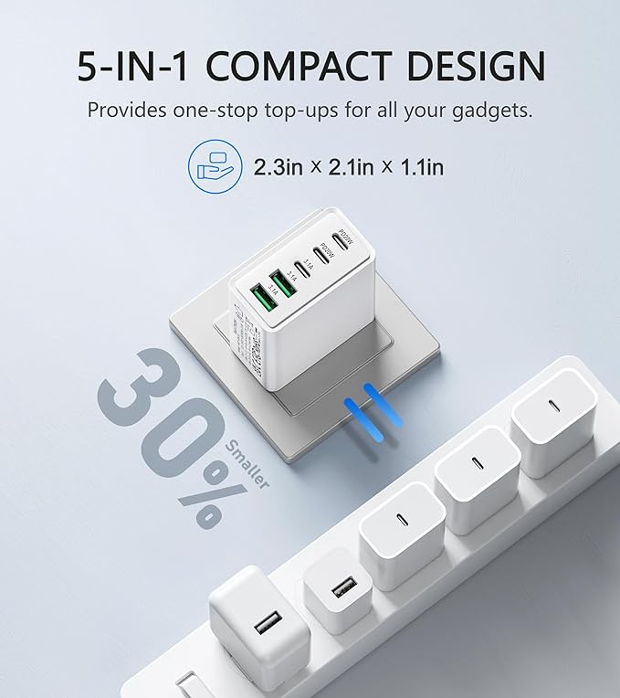 2Pack USB C Fast Charger Block,50W 5-Port USB Wall Charger Brick,2 USB A & 3 USB C PD3.0 Power Adapter Multiport Type C Charging Plug for iPhone 16/15/14/13,Pad Mini/Pro,AirPods 4,GalaxyS23(White)