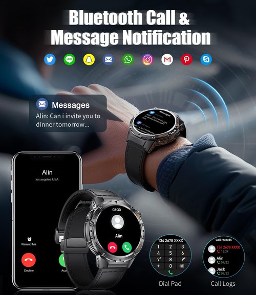 HIRREO Smart Watch for Men(Answer/Make Calls), 100+ Sport Modes Fitness Tracker, Flashlight/1.43'' AMOLED/Heart Rate/Sleep Monitor, 5ATM Waterproof Rugged Smart Watches Compatible Android iOS