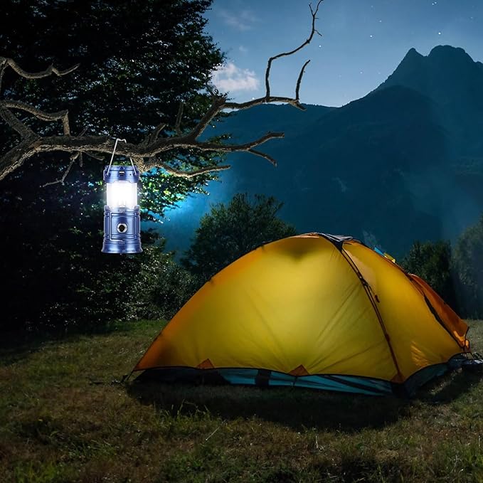 Solar Camping Lantern for Power Outages - USB Rechargeable Lamp Camping Essentials，Collapsible Portable Waterproof Solar Lights for Indoor Outdoor Emergency Light/Blue