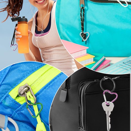 Molain 12 Pcs Heart Shaped Carabiner Keychain, 10 Colors Aluminum Heart Keyring for Outdoor Travel Walking Dog Leash Water Bottle Holder Backpack Carabiner