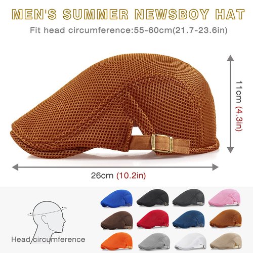 Taidor 2 Pack Men's Mesh Cap Breathable Summer Newsboy Hat Adjustable Beret Ivy Cap Irish Cabbie Driving Hunting Hats Black/Caramel