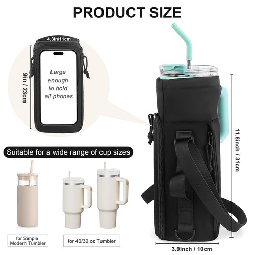 Bagenerous Gym Magnetic Water Bottle Holder with Adjustable Shoulder Strap and Phone Pocket,Holds 30/40oz Bottle Sleeve with Handle/Handleless,7 Card Pockets,Black