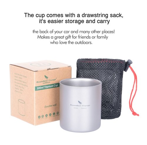 iBasingo 300ml Titanium Double-Walled Cup Ultralight Camping Tea Coffee Mug Metal Cold Hot Insulated Drinking Mug Portable Tableware for Outdoor Travel Hiking Backpacking Picnic Daily Used Ti3029D
