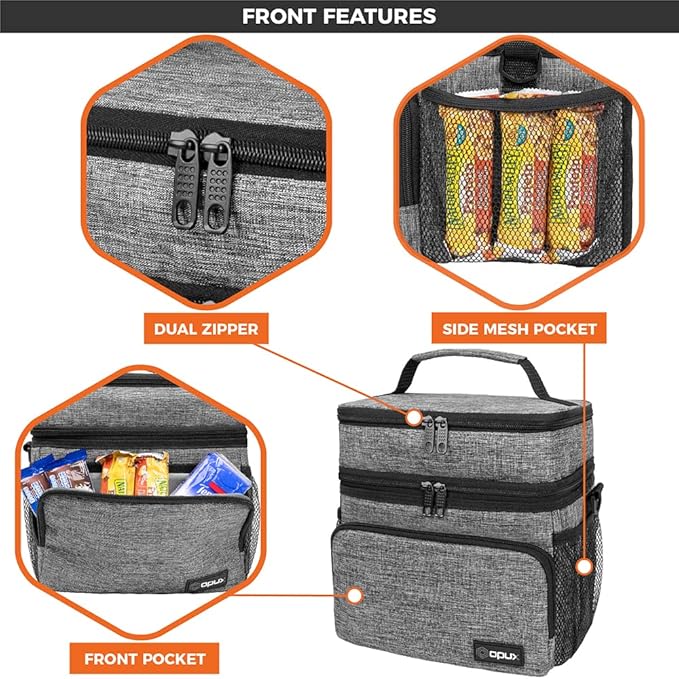 opux Insulated Lunch Bag for Men Women, Large Dual Compartment Cooler Bag, Soft Two Deck Lunch Box for Work School Picnic, Leakproof Lunch Tote with Shoulder Strap for Kid Adult (Gray, Double Deck)