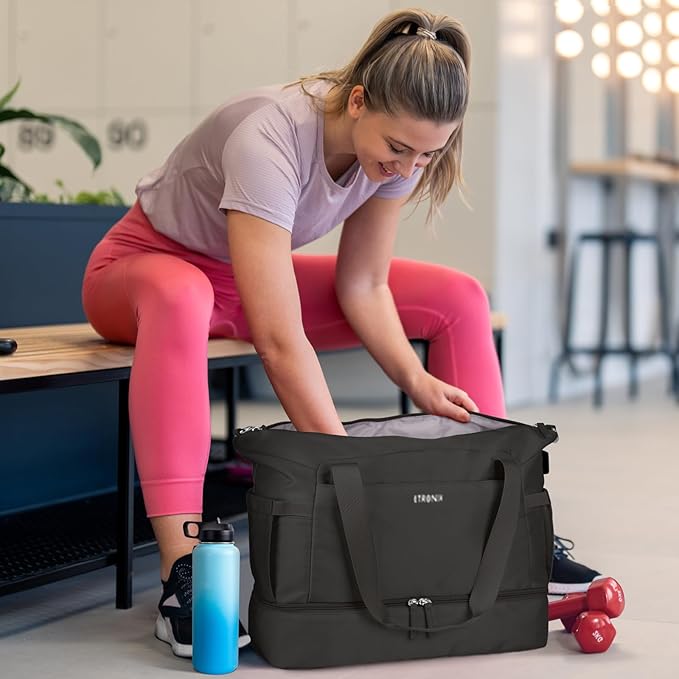 ETRONIK Gym Bag for Women, Personal Item Travel Bag with Shoes Compartment, Weekender Overnight Duffel Bag with Wet Pocket & USB Charging Port, Carry On Bag for Women, Travel, Gym, Weekend (Black)
