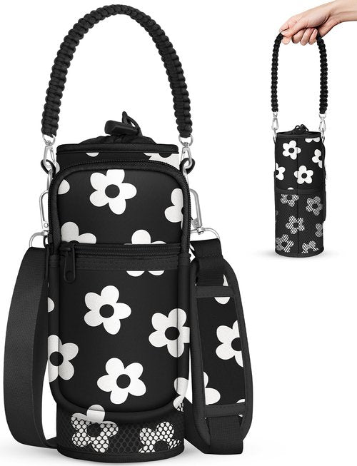 Toykee Under 32 oz Water Bottle Holder Bag with Strap - Crossbody & Woven Handle Sling for Carrier Walking with Phone Pocket Black White Flower