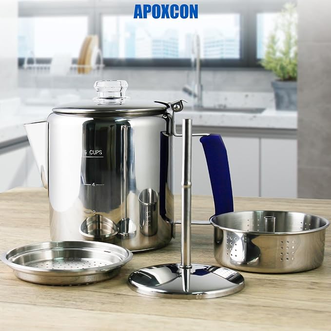 Multi Use Percolator Coffee Pot Stainless Steel Stove Top Coffee Maker with Two Tough Borosilicate Glass Knob Silica Handle Camping Coffee Pot Using on Campfire Stove & Induction Cooker Silver 6 Cup
