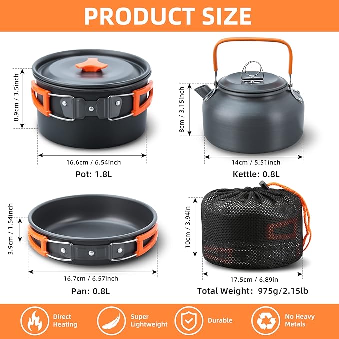 LIXADA 16pcs Camping Cookware Mess Kit, Non-Stick Lightweight Pot Pan Kettle Set with Stainless Steel Plates Forks Knives Spoons, Portable Camping Cooking Set for Outdoor Backpacking Hiking Picnic